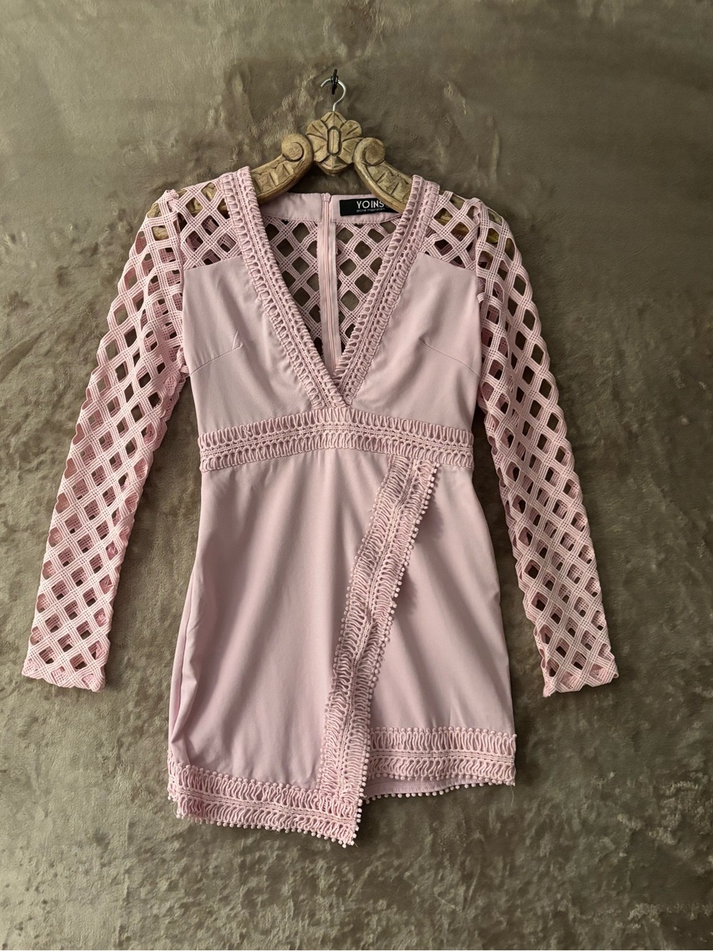 YOINS Women’s Blush Pink Lace-Trim Long Sleeve Mini Dress Size S